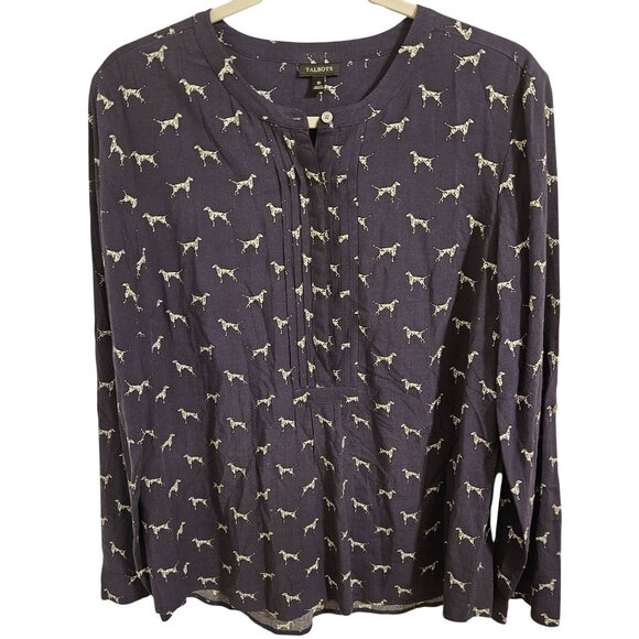 Talbots Woman SZ 10 Novelty Dalmatian Blouse Pin Tuck Front Long Roll Tab Sleeve - Picture 1 of 8